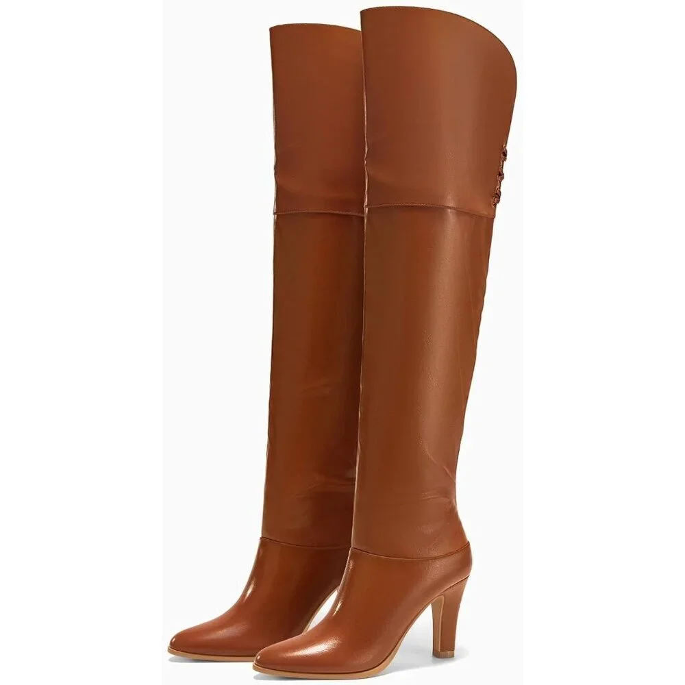 Womens Brown Synthetic Thigh High Pointed Toe Chunky Heel Over the Knee Boots